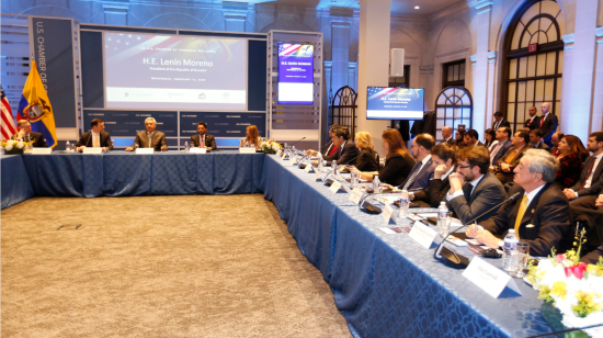 El presidente Lenín Moreno y su delegación se reunieron con empresarios en la Cámara de Comercio de Estados Unidos, el pasado 12 de febrero. 