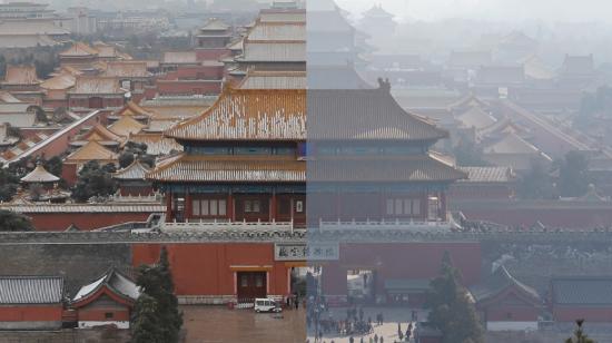 Imagen comparativa de contaminación en la Ciudad Prohibida, en Pekín. A la izquierda, imagen tomada en febrero de 2020, luego de la cuarentena determinada por el brote de coronavirus, frente a una imagen de febrero de 2018.