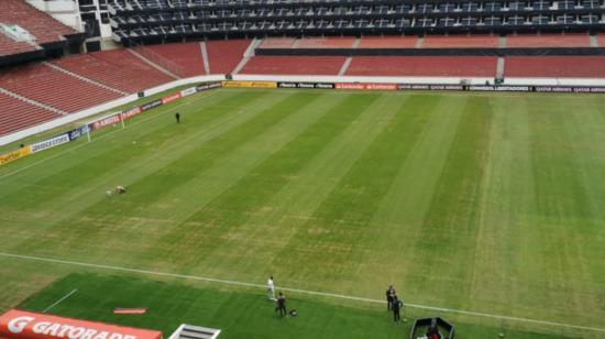 Así estaba el césped del Rodrigo Paz Delgado, antes del partido ante River Plate, el 4 de marzo de 2020. 