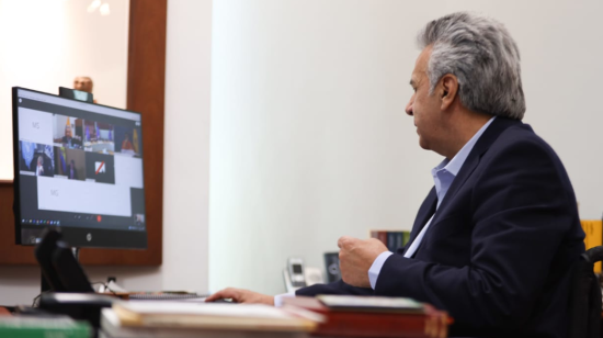 El presidente Lenún Moreno durante su participación en la conferencia de donantes para atender a la migración venezolana que se realizó este 26 de mayo de 2020.