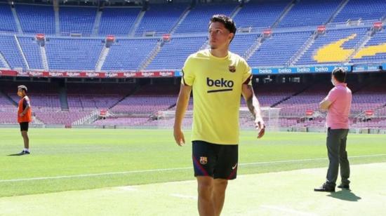 Kike Saverio, durante un entrenamiento con el FC Barcelona, el 8 de junio de 2020 en el Camp Nou.