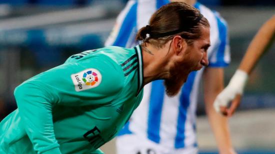 El defensa del Real Madrid Sergio Ramos celebra tras marcar ante la Real Sociedad, este domingo 21 de junio.