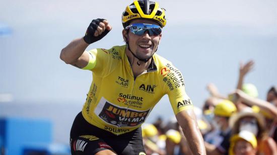 El esloveno Primoz Roglic festeja su triunfo en la segunda etapa del Criterium Dauphiné, el 13 de agosto de 2020.