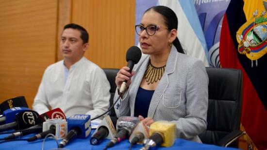 La presidenta del CNE, Diana Atamaint, durante la rueda de prensa este 28 de agosto de 2020.