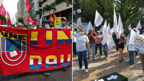 La UNE y la Red de Maestros durante sus protestas, por separado, en Guayaquil.