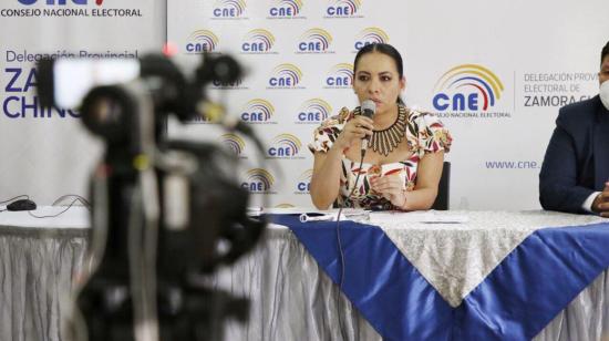 La presidenta del CNE, Diana Atamaint, en rueda de prensa desde Zamora este 14 de septiembre de 2020.