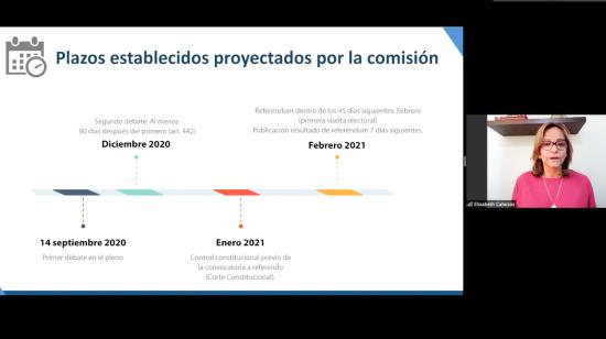 La presidenta de la Comisión de Enmiendas, Elizabeth Cabezas, en su intervención sobre la reforma constitucional que busca eliminar el CPCCS, el 16 de septiembre de 2020.