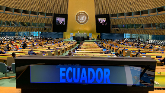 Imagen del plenario de la ONU, desde el puesto de Ecuador, en Nueva York, este 23 de septiembre de 2020.