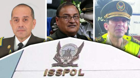 Los generales David Iván Proaño (i) y Enrique Espinosa de los Monteros (c) fueron directores del Isspol, entre 2012 y 2019. El coronel Pablo Aníbal Cerda  fue Presidente de Inversiones.