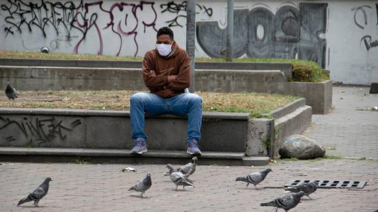 Un hombre mira a unas palomas en un parque de Cotocollao, en Quito, el 17 de octubre de 2020.