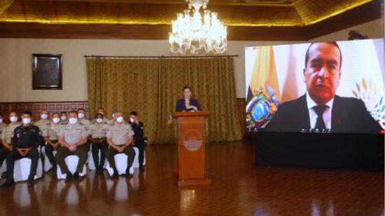 La ministra de Gobierno, María Paula Romo, hizo su exposición desde el Salón Amarillo de la Presidencia, el 31 de octubre de 2020.