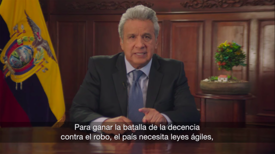 El presidente Lenín Moreno, en cadena nacional para la presentación de uno de sus proyectos anticorrupción, en septiembre de 2018.