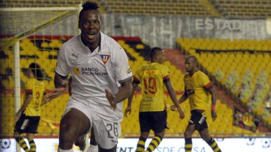 Jhojan Julio celebra su gol ante Barcelona en la primera final de la LigaPro, el miércoles 23 de diciembre de 2020, en el estadio Monumental.