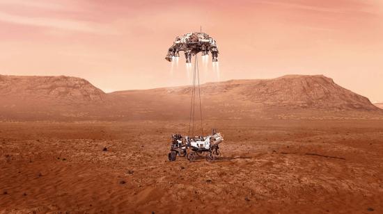 Una ilustración del rover Perseverance de la NASA amartizando de forma segura en Marte.