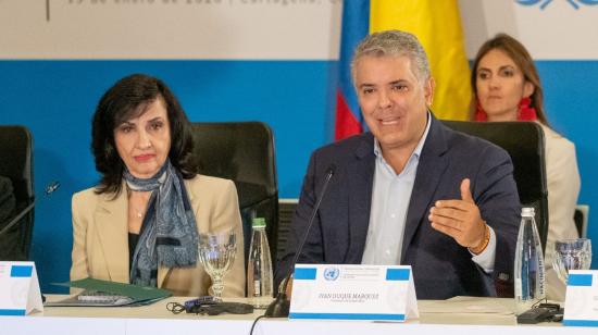 El presidente de Colombia, Iván Duque, junto a la ministra de Relaciones Exteriores de Colombia, Claudia Blum, durante la reunión de la Comisión de Consolidación de la Paz de las Naciones Unidas en Cartagena. 15 de enero de 2020. 