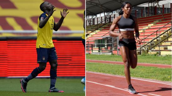 Moisés Caicedo luciendo los zapatos Nike en un partido de la selección ecuatoriana y Ángela Tenorio con la indumentaria Adidas en un entrenamiento en Quito.