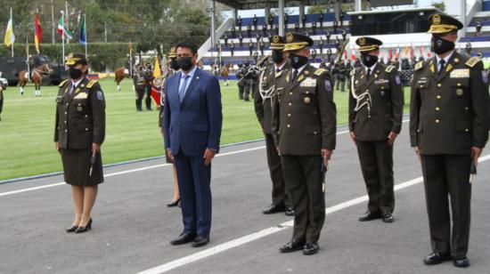 El ministro de Gobierno, Patricio Pazmiño, en la Escuela Superior de Policía Gral. Alberto Enríquez Gallo, en Quito, el 20 de enero de 2021. 