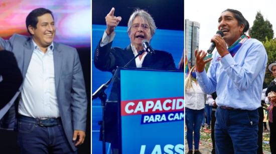 De izquierda a derecha: Andrés Arauz, Guillermo Lasso y Yaku Pérez. 