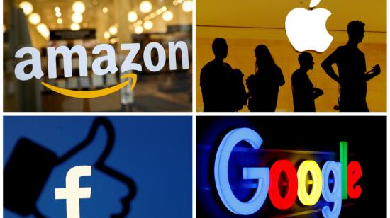 Composición fotográfica con los logotipos de los gigantes tecnológicos Amazon, Apple, Facebook de Meta, y Google.