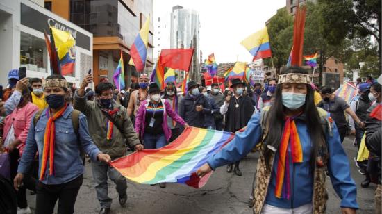 Manifestación de los militantes de Pachakutik en Quito, el 11 de febrero de 2021.