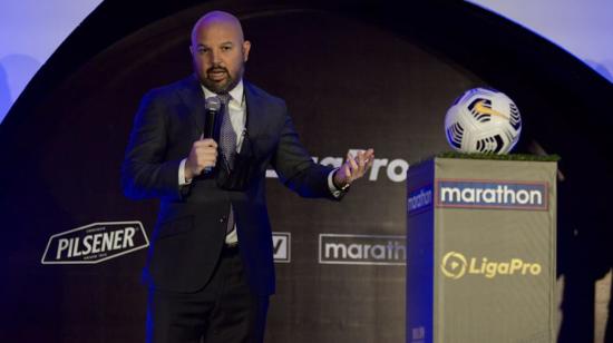 Miguel Ángel Loor, presidente de la LigaPro, durante la presentación del balón y el calendario 2021, el 2 de febrero.