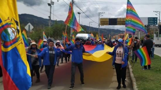 La marcha por la democracia, de apoyo a Yaku Pérez, a su llegada a Azogues, el 19 de febrero de 2021.