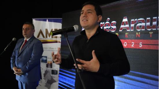 Rueda de prensa del candidato a la presidencia por Centro Democrático, Andrés Arauz con el presidente de la Asociación de Municipalidades, el 24 de febrero de 2021.