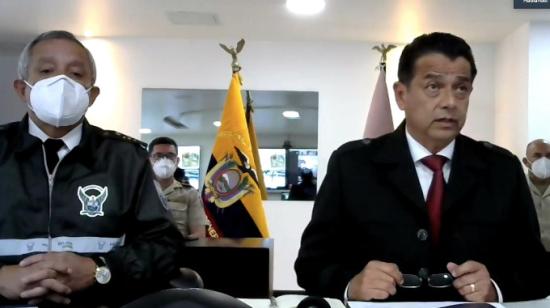 Patricio Carrillo, comandante de la Policía; y, Patricio Pazmiño, ministro de Gobierno, durante su comparecencia ante la Asamblea, el 1 de marzo de 2021.