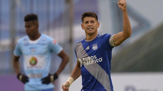 El jugador de Emelec, Facundo Barceló, celebra su gol ante Macará por la Copa Sudamericana, el martes 16 de marzo de 2021.