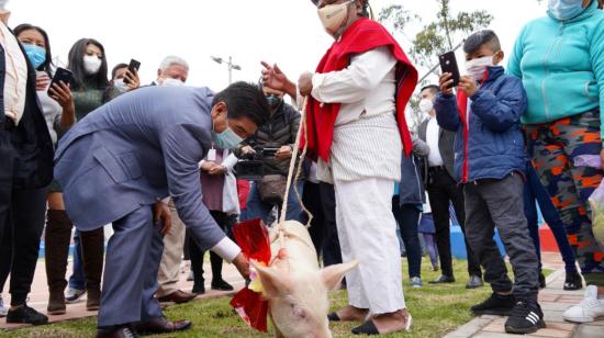 Jorge Yunda, alcalde de Quito, durante un evento público en Llano Chico, el 15 de marzo de 2021.