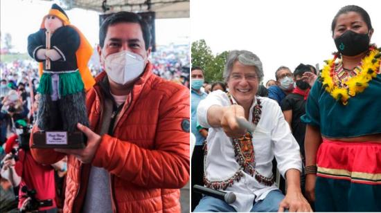 Los candidatos Andrés Arauz y Guilermo Lasso  durante sus actividades de campaña en Cayambe y  El Coca, el 27 de marzo de 2021.