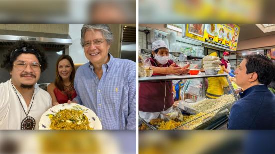 Guillermo Lasso (Creo) con el chef Beto Larco, y Andrés Arauz (correísmo) en el mercado de Iñaquito. 5 de abril de 2021.