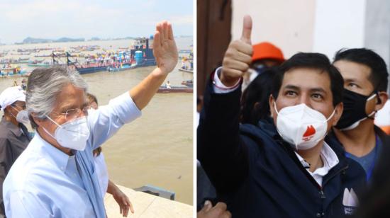 Los candidatos Guillermo Lasso y Andrés Arauz durante sus cierres de campaña el 8 de abril de 2021.