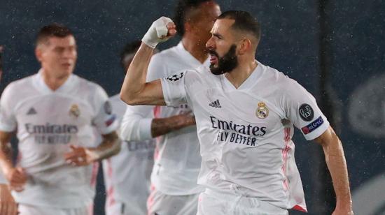 El delantero francés del Real Madrid, celebra su gol en la semifinal de ida contra el Chelsea, el martes 27 de abril de 2021.