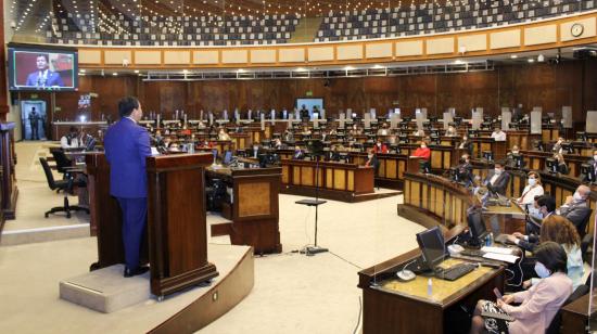 El presidente de la Asamblea, César Litardo, durante su rendición de cuentas este 3 de mayo de 2021.