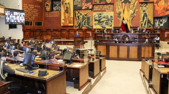 El presidente de la Asamblea, César Litardo, durante su rendición de cuentas este 3 de mayo de 2021.