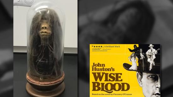 Una 'tsantsa' ecuatoriana junto al póster de la película Wise Blood.