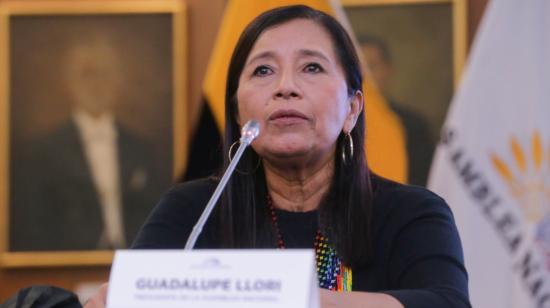 Guadalupe Llori durante su primera rueda de prensa como presidenta de la Asamblea Nacional, el 15 de mayo de 2021.