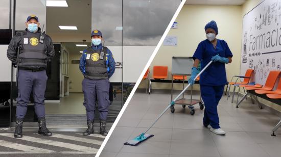 Dos guardias de seguridad y una trabajadora de la limpieza del hospital Quito Sur, el 18 de mayo de 2021,