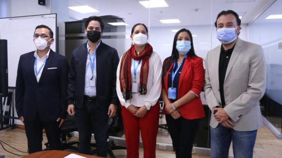 Blasco Luna (UNES), Jhonny Terán (PSC), Mireya Pazmiño (PK), Ana Herrera (UNES) y Pabel Muñoz (UNES) en la instalación de la Comisión de Régimen Económico, este 21 de mayo de 2021.