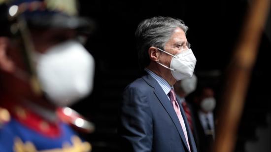 El presidente Guillermo Lasso durante su participación en el Cambio de Mando de autoridades de la Casa Militar del Palacio de Gobierno, el 31 de mayo. 