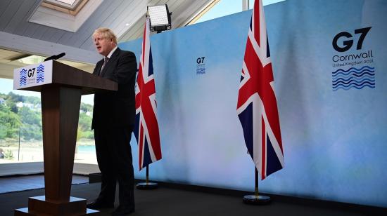 El primer ministro británico, Boris Johnson, en una rueda de prensa, al finalizar la cumbre del G7, el 13 de junio de 2021.