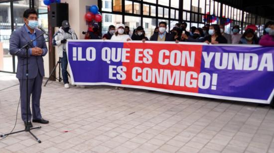 Jorge Yunda, alcalde de Quito, durante la entrega de la obra de remodelación del Mercado Ciudadela Ibarra, el 16 de junio de 2021.