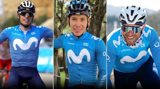 Enric Mas, Miguel Ángel López y Alejandro Valverde, ciclistas del Movistar Team.