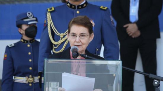 Alexandra Vela, ministra de Gobierno, en un evento de la Policía en Quito, el 15 de julio de 2021. 