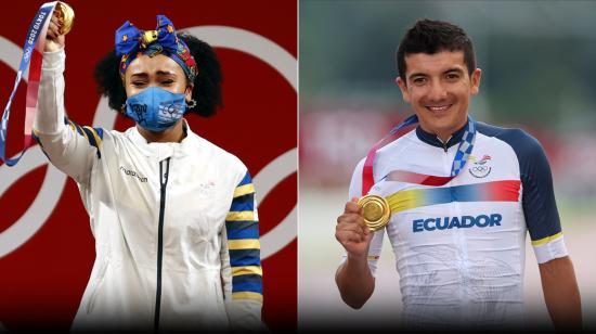 Neisi Dajomes y Richard Carapaz mostrando sus medallas de oro alcanzadas en los Juegos Olímpicos de Tokio.