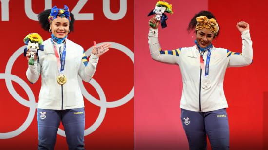 Las halteristas ecuatorianas Neisi Dajomes y Tamara Salazar con las medallas de oro y plata que lograron en los Juegos de Tokio.