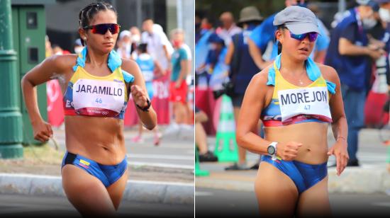 Karla Jaramillo y Glenda Morejón durante su participación en los 20 kilómetros marcha, en los Juegos Olímpicos de Tokio, el viernes 6 de agosto de 2021.