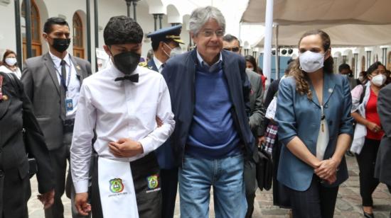 El presidente de la República Guillermo Lasso; y la ministra de Educación, María Brown, durante el lanzamiento del Plan de Educación y Formación Técnica Profesional, el 11 de agosto de 2021.