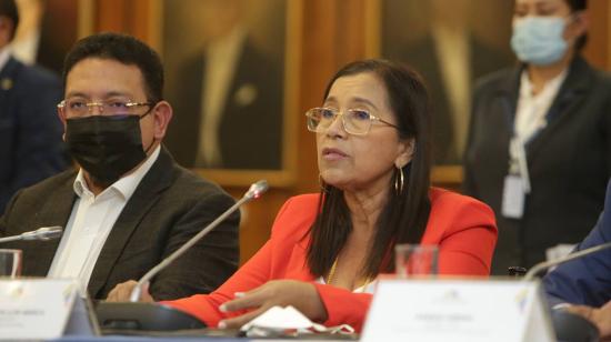 La presidenta de la Asamblea, Guadalupe Llori, durante la rueda de prensa de este 12 de agosto de 2021.